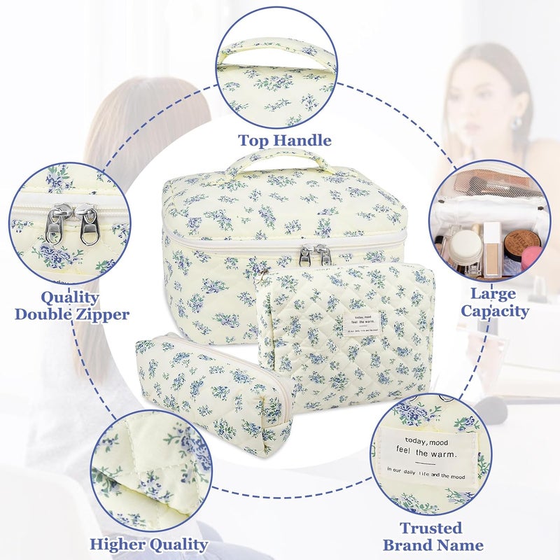 Gosect Makeup Bag Set, Quilted Makeup Bag, Large Floral Cosmetic Bag for Women, Cute Cotton Makeup Bags, Flower Travel Toiletry Organizer Bag (Blue Floer) - Image 3